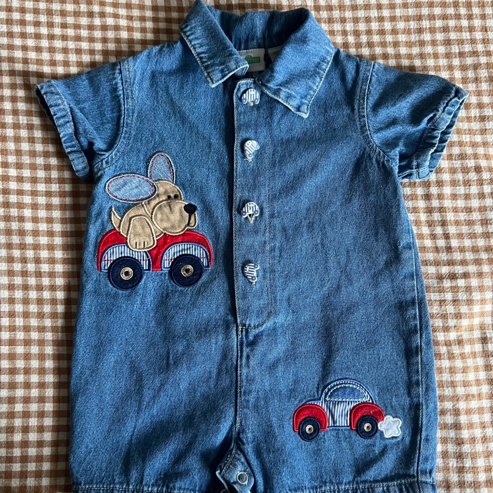Sesamestreet vintage Denim Baby Romper with Car and Dog Patches